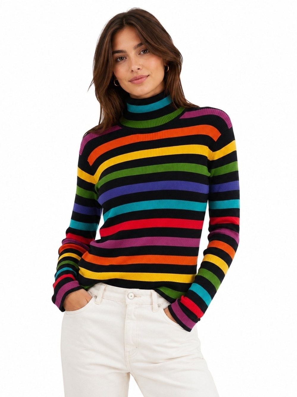 VTG Jones New York Sport Rainbow Stripe Ribbed Turtleneck Sweater Cotton Y2K M